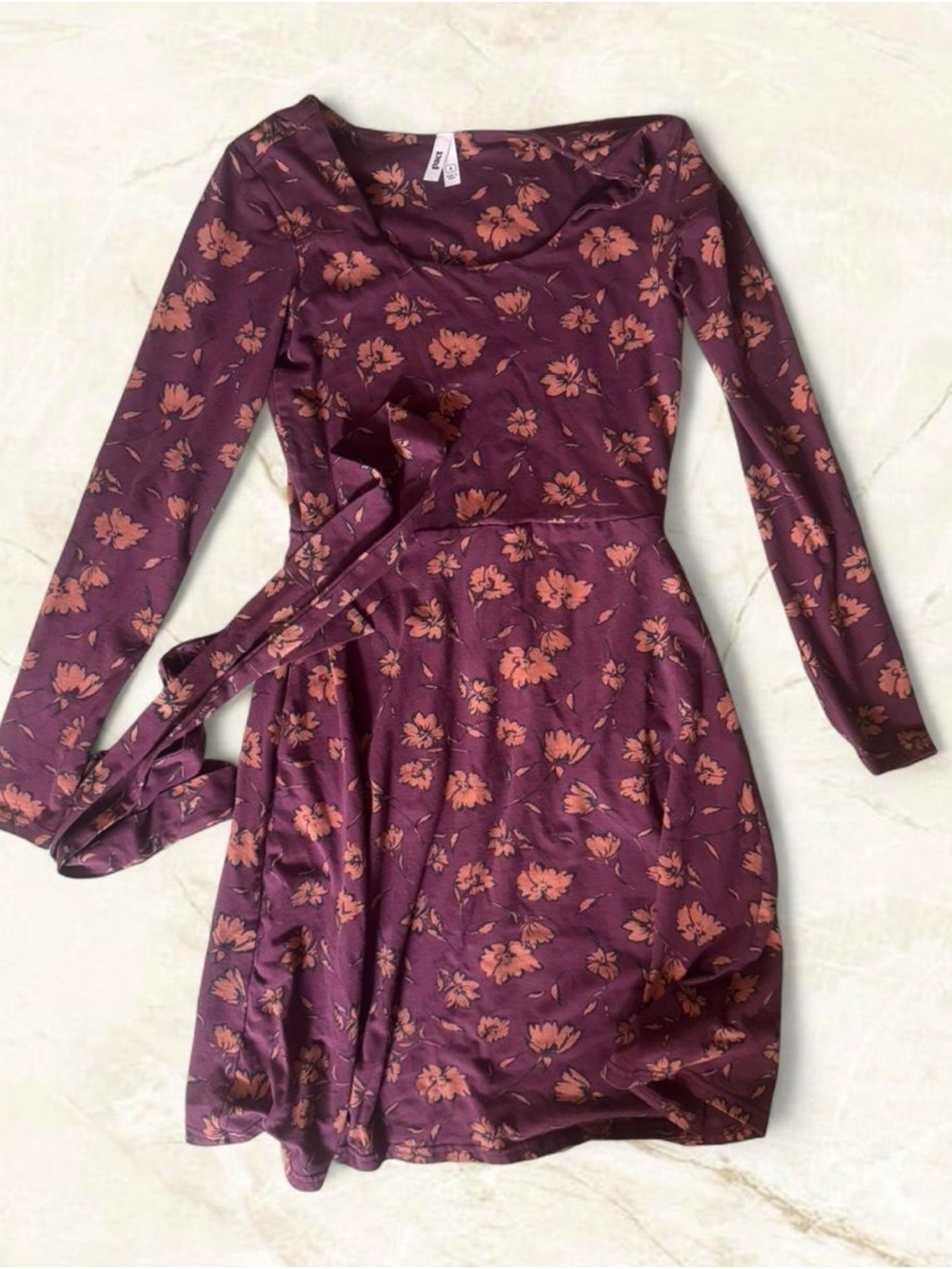 Pact Organic Cotton Plum Dress with Orange Floral Print With Belt Small